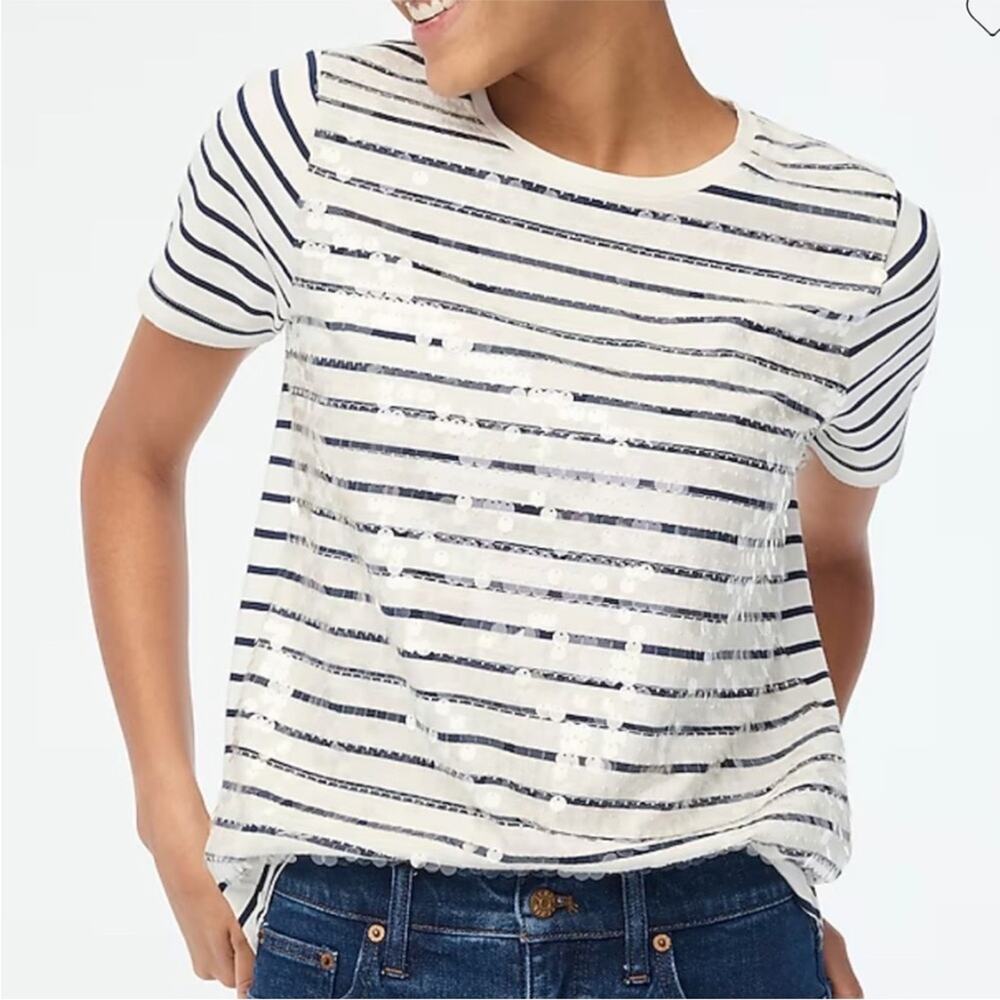J‎ CREW Striped sequin-embellished tee